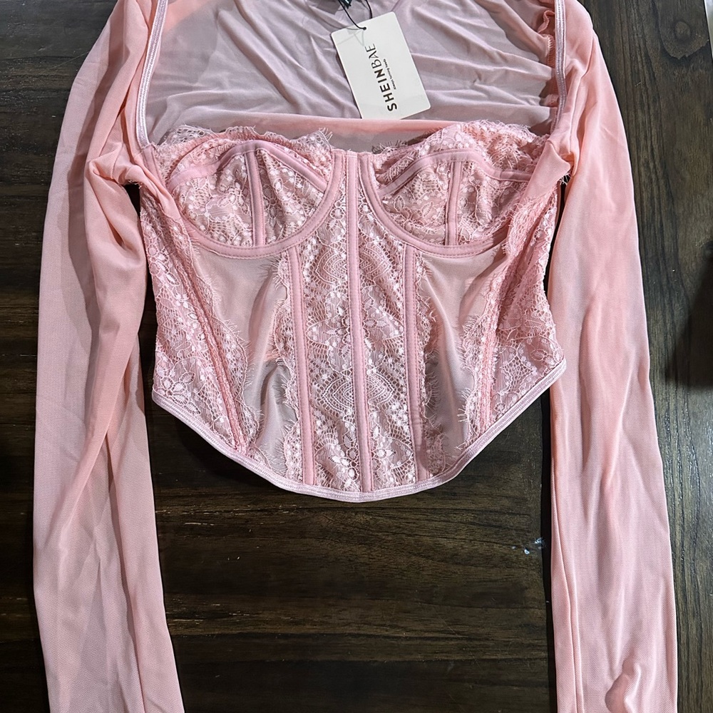 Pink Lace Long Sleeve Corset Top